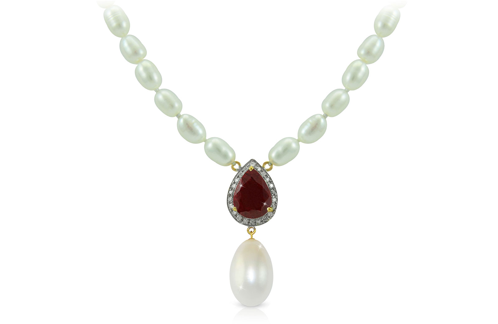 Vera Perla 18K Gold 0.12ct Diamonds, Royal Indian Ruby and 13mm Pearl Necklace